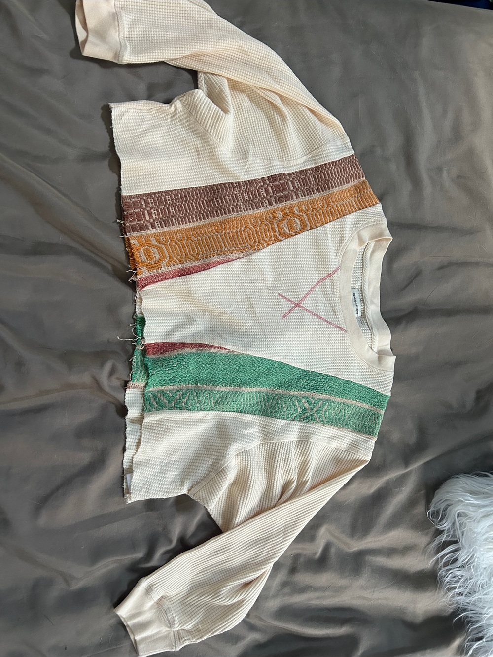 Urban Outfitters Cream Cropped Thermal Top with Green, Rust & Mustard Stripes